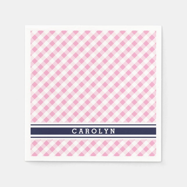 chic preppy pink navy gingham pattern monogram paper napkins (Front)