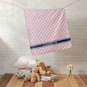 chic preppy pink navy gingham pattern monogram swaddle blanket