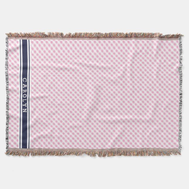 chic preppy pink navy gingham pattern monogram throw blanket (Front)