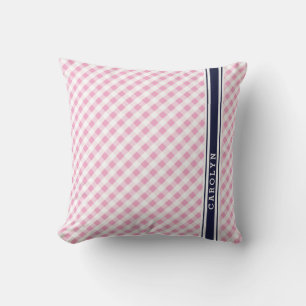 chic preppy pink navy gingham pattern monogram throw pillow