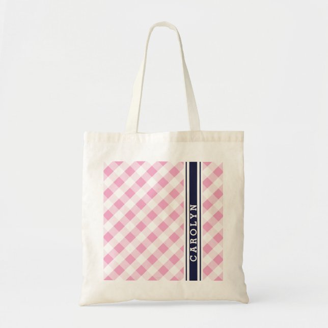 chic preppy pink navy gingham pattern monogram tote bag (Front)