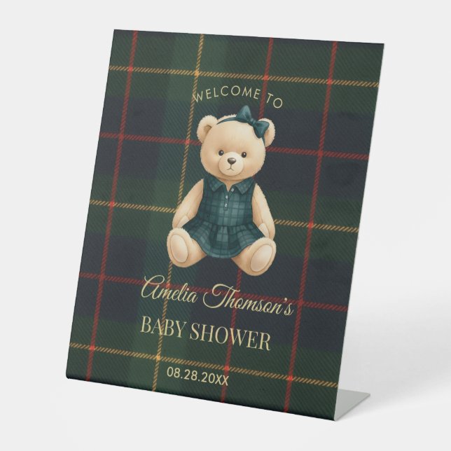 Chic Preppy Teddy Bear Baby Shower Pedestal Sign (Front)