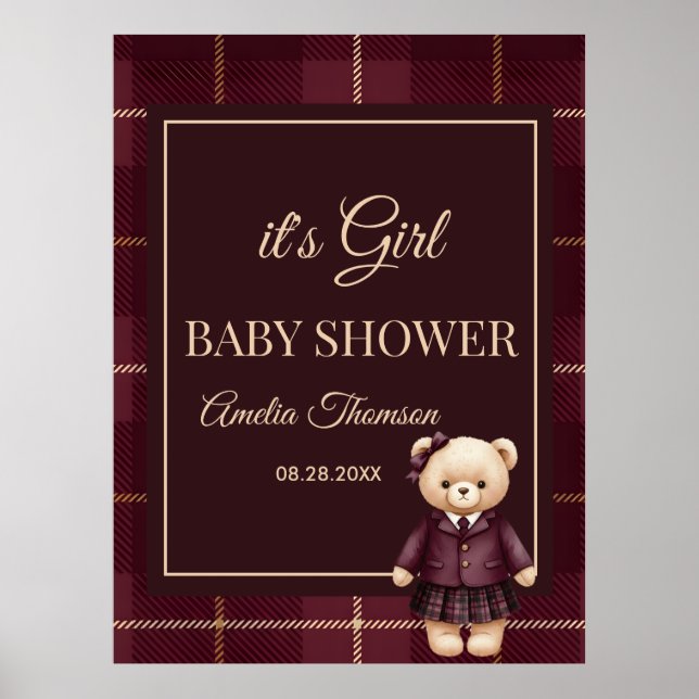 Chic Preppy Teddy Bear Baby Shower Poster (Front)