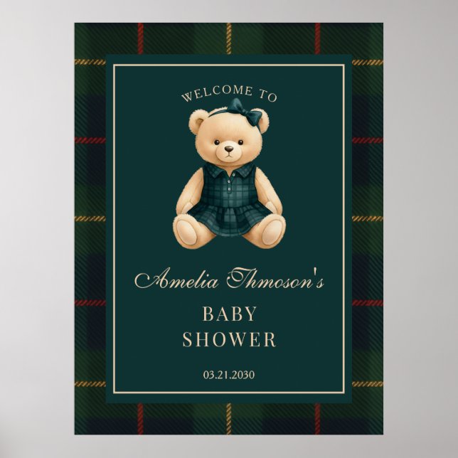 Chic Preppy Teddy Bear Baby Shower Welcome  Poster (Front)