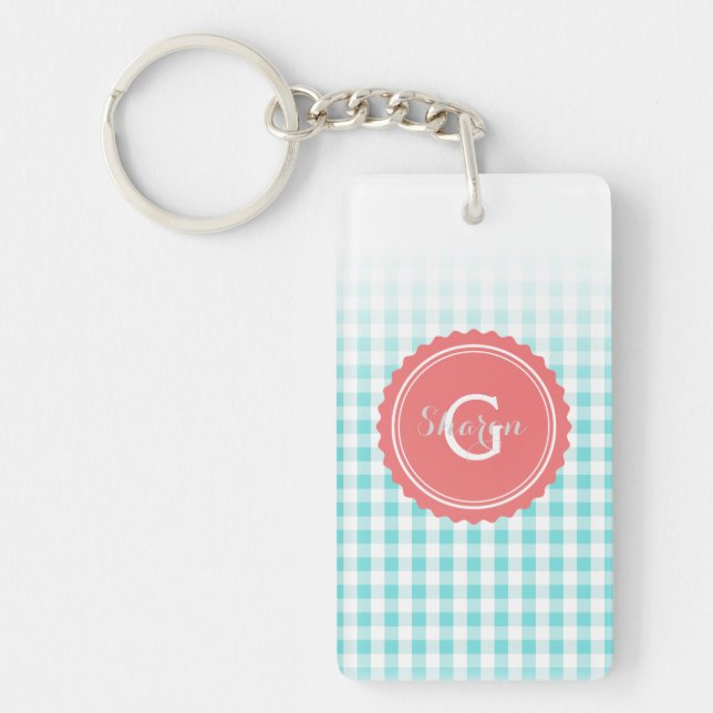 chic preppy turquoise gingham pattern monogram keychain (Front)