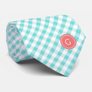 chic preppy turquoise gingham pattern monogram neck tie