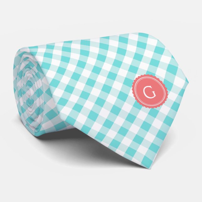 chic preppy turquoise gingham pattern monogram neck tie (Rolled)