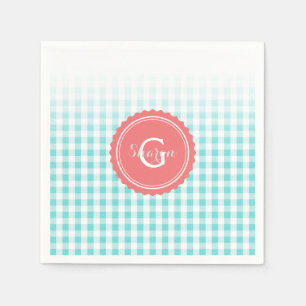 chic preppy turquoise gingham pattern monogram paper napkins