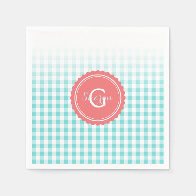 chic preppy turquoise gingham pattern monogram paper napkins (Front)
