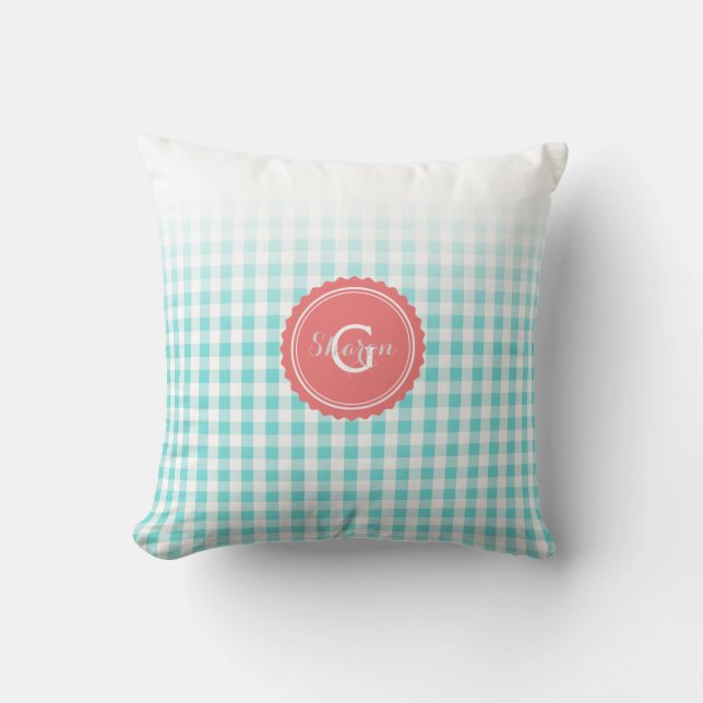 chic preppy turquoise gingham pattern monogram throw pillow (Front)