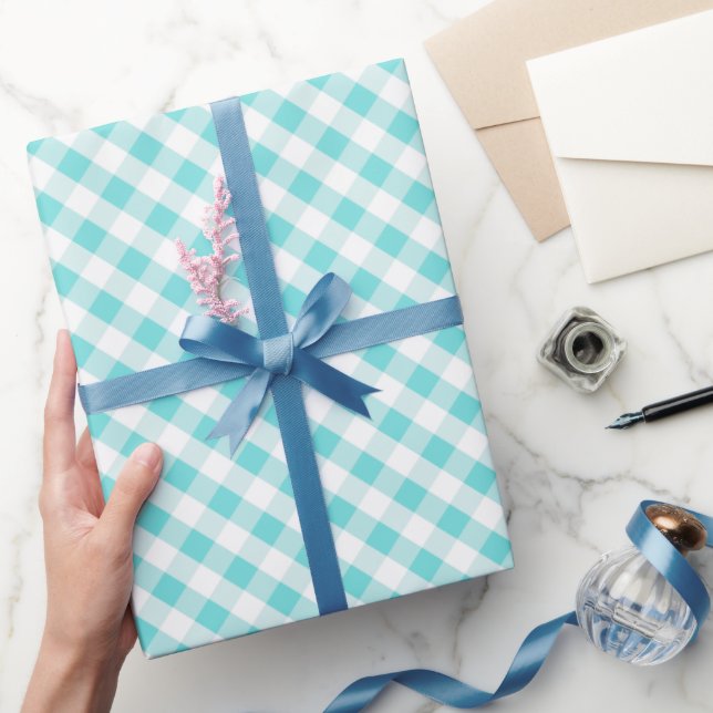 chic preppy turquoise gingham pattern monogram wrapping paper (Gifting)
