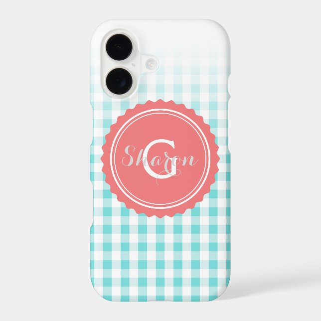 chic preppy turuqoise gingham pattern monogram Case-Mate iPhone case (Back)