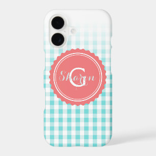 chic preppy turuqoise gingham pattern monogram iPhone 17 case