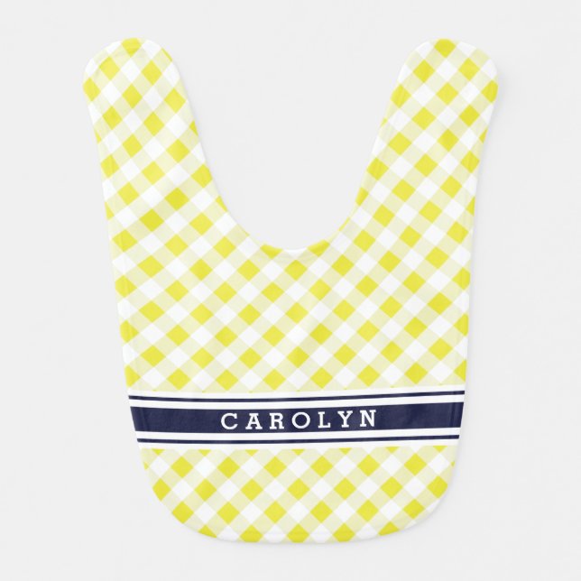 chic preppy yellow navy gingham pattern monogram baby bib (Front)