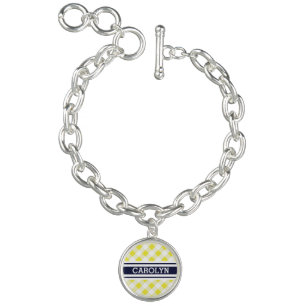 chic preppy yellow navy gingham pattern monogram charm bracelet