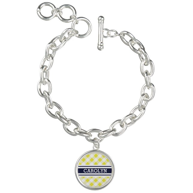 chic preppy yellow navy gingham pattern monogram charm bracelet (Product)
