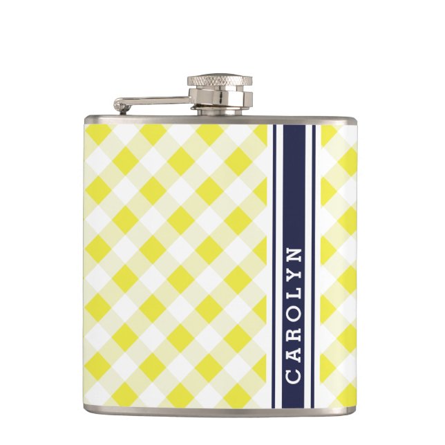 chic preppy yellow navy gingham pattern monogram flask (Front)
