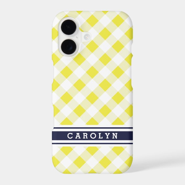 chic preppy yellow navy gingham pattern monogram iphone case (Back)