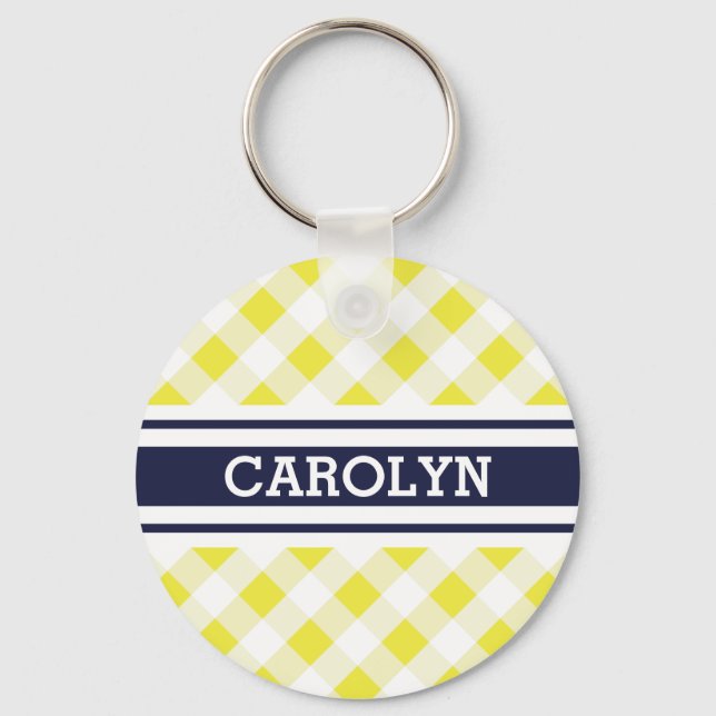 chic preppy yellow navy gingham pattern monogram keychain (Front)