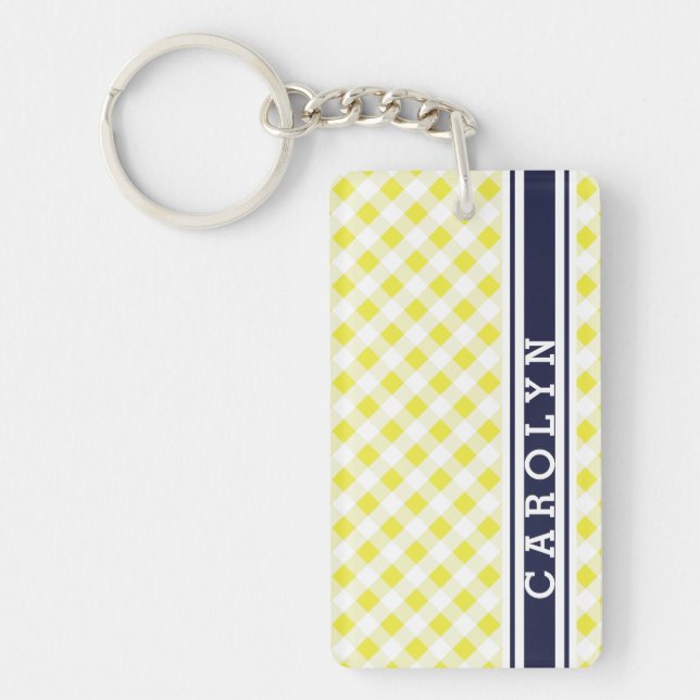 chic preppy yellow navy gingham pattern monogram keychain (Front)