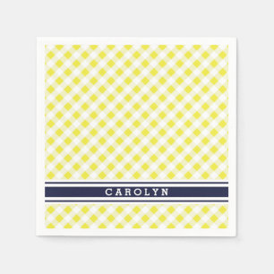 chic preppy yellow navy gingham pattern monogram napkins
