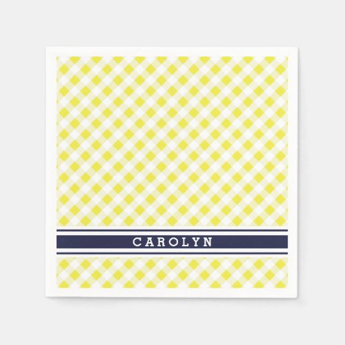 chic preppy yellow navy gingham pattern monogram napkins