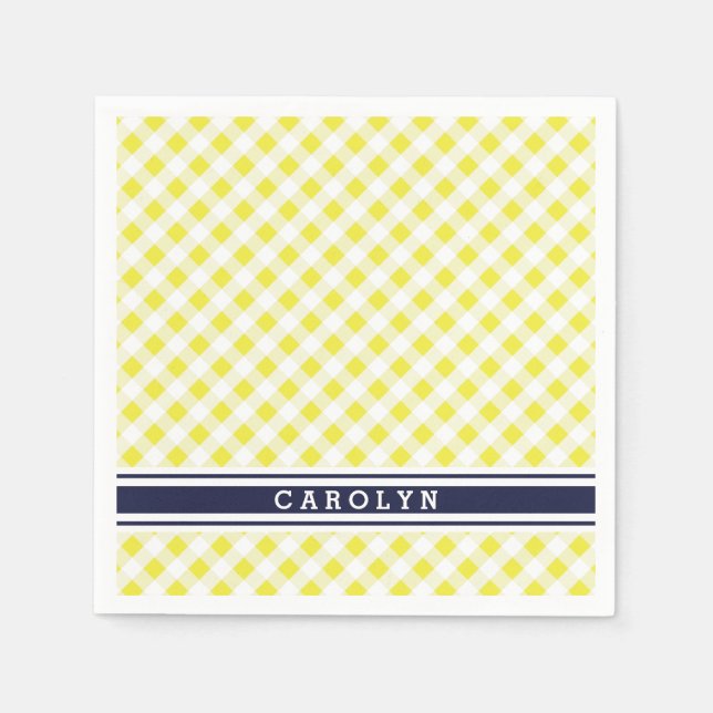 chic preppy yellow navy gingham pattern monogram napkins (Front)