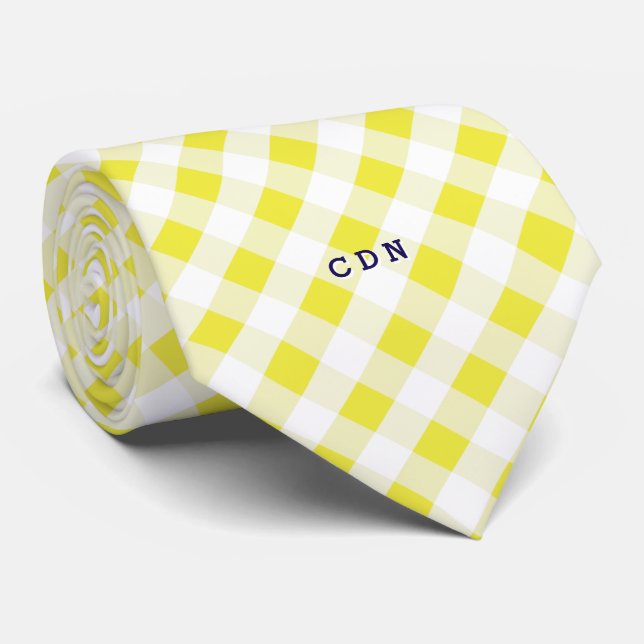 chic preppy yellow navy gingham pattern monogram neck tie (Rolled)