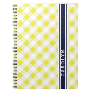 chic preppy yellow navy gingham pattern monogram notebook