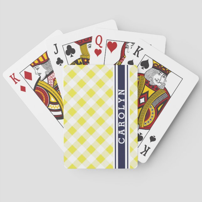 chic preppy yellow navy gingham pattern monogram poker cards (Back)
