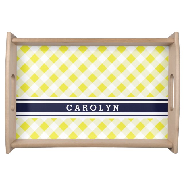 chic preppy yellow navy gingham pattern monogram serving tray (Front)