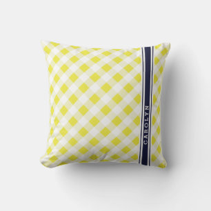 chic preppy yellow navy gingham pattern monogram throw pillow