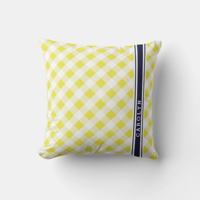 chic preppy yellow navy gingham pattern monogram throw pillow (Front)