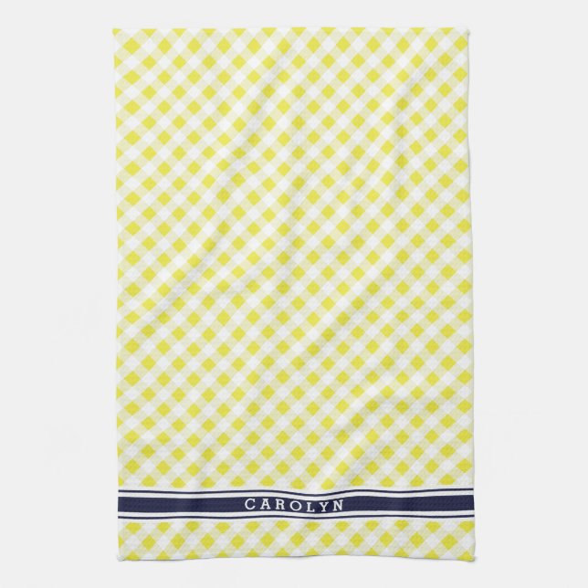 chic preppy yellow navy gingham pattern monogram towel (Vertical)