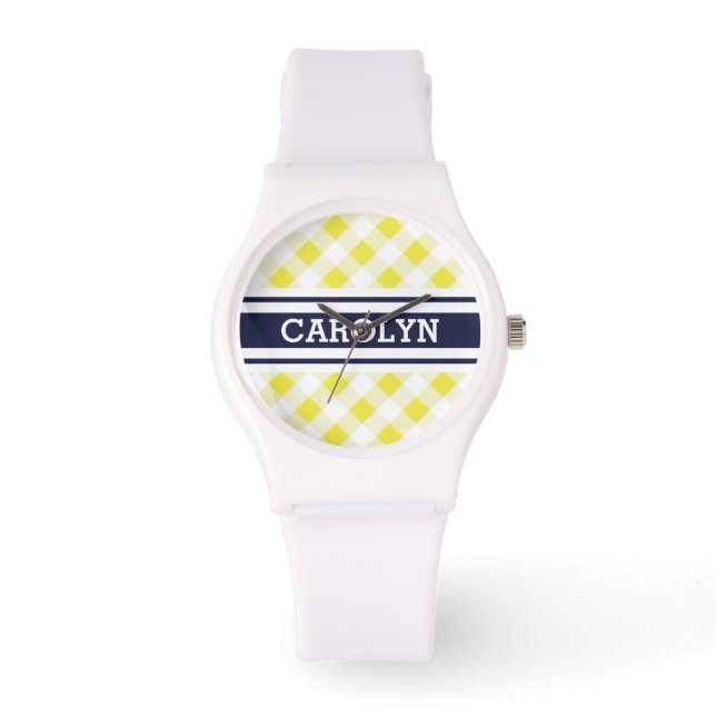 chic preppy yellow navy gingham pattern monogram watch (Front)