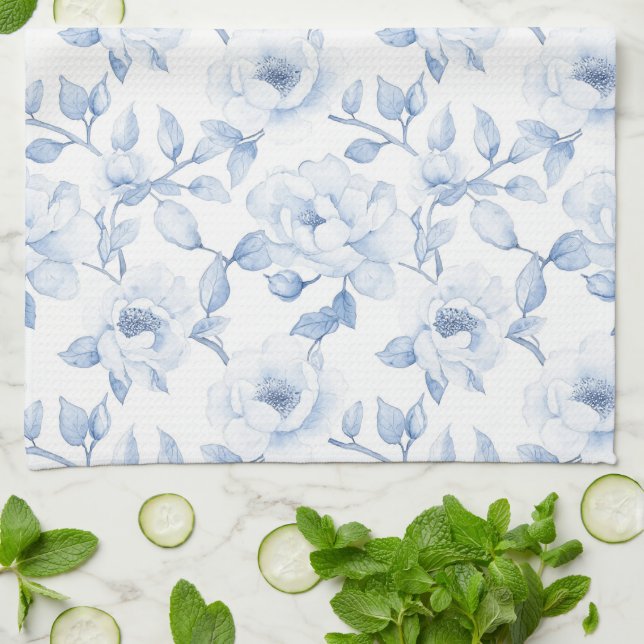 Chic Pretty Blue White Flowers Kitchen Towel (Folded)