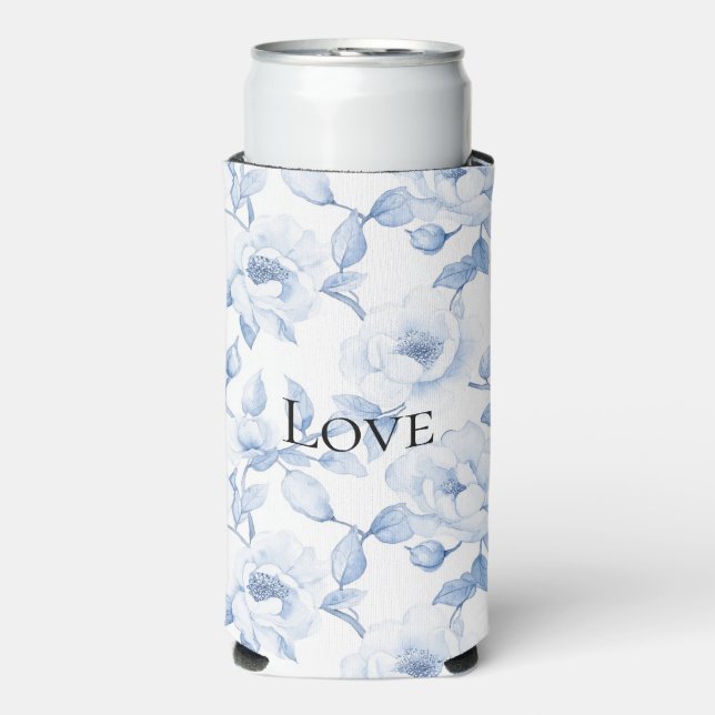 Chic Pretty Blue White Flowers Seltzer Can Cooler (Seltzer Front)