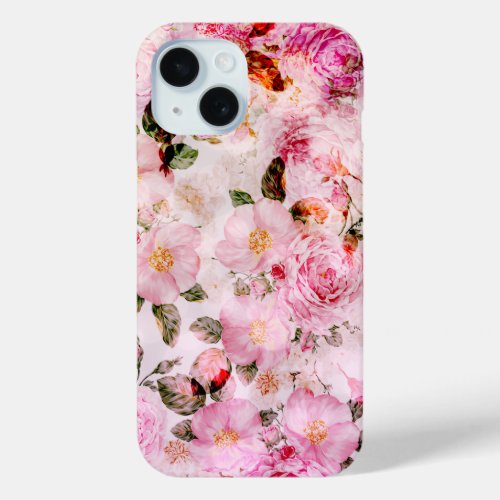 Chic Pretty Blush Pink Watercolor Roses Floral iPhone 15 Case