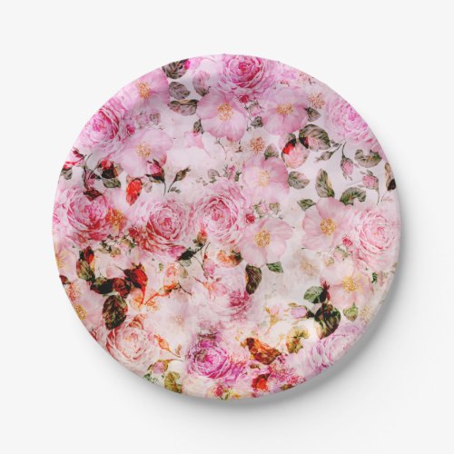 Chic Pretty Blush Pink Watercolor Roses Floral Paper Plates