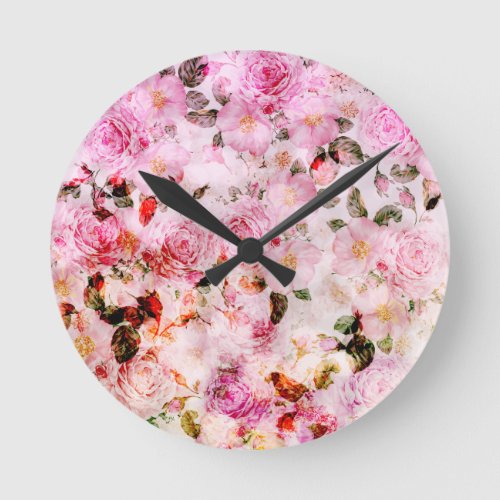 Chic Pretty Blush Pink Watercolor Roses Floral Round Clock