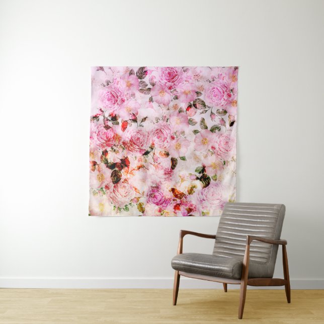Chic Pretty Blush Pink Watercolor Roses Floral Tapestry (In Situ)