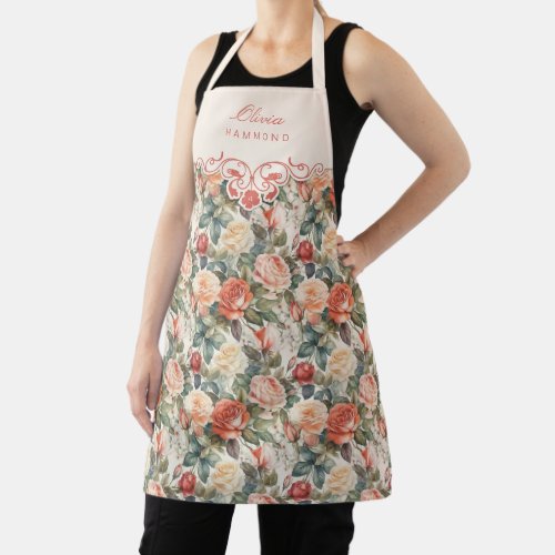 Chic Pretty Floral with Custom Name Label_Blush Apron