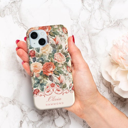 Chic Pretty Floral with Custom Name Label_Blush iPhone 15 Case