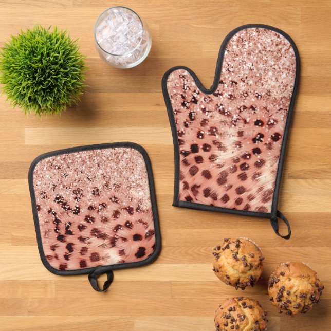 Chic Pretty Girly Rose Gold Leopard Glitter Love Oven Mitt & Pot Holder Set (Top Down)