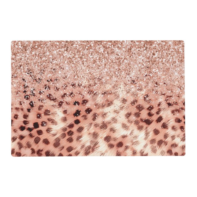 Chic Pretty Girly Rose Gold Leopard Glitter Love Placemat (Front)