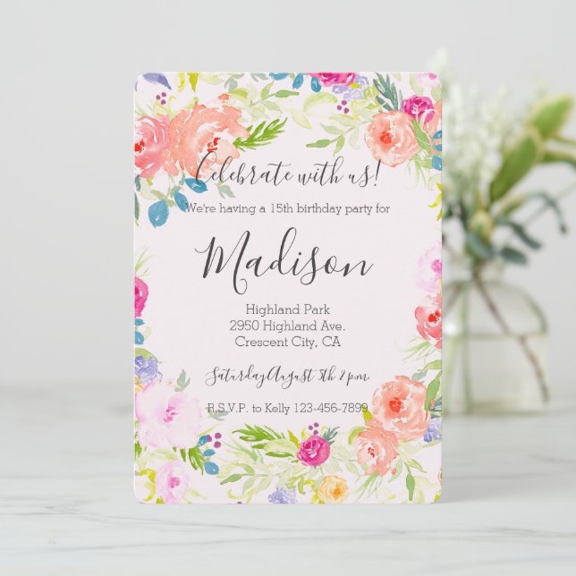 Chic Pretty Peach Pink Watercolor Floral birthday Invitation (Standing Front)