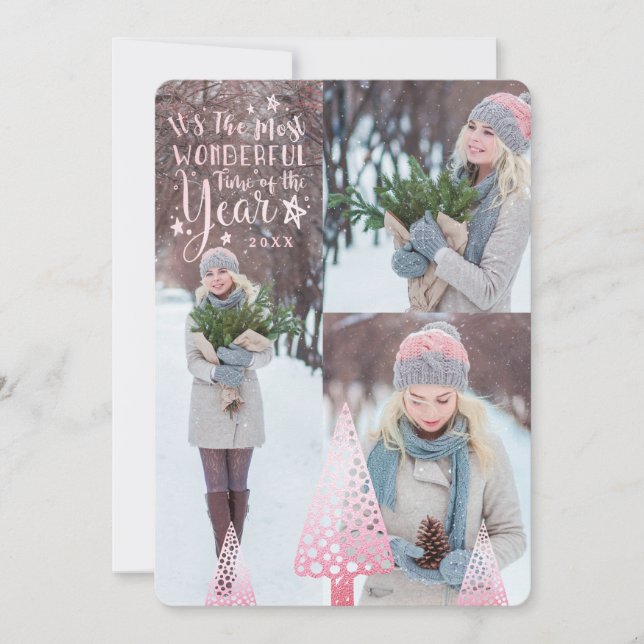Chic Pretty Pink Glitter Pine Tree Multiple Photo Holiday Card (Front)