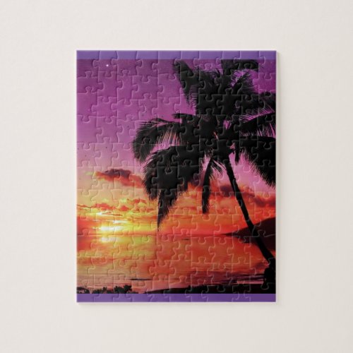 Chic Pretty Tropical Sunset Beach Scene Jigsaw Puzzle