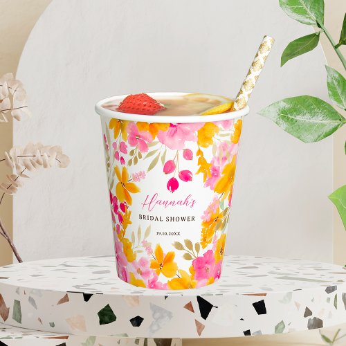 Chic pretty yellow pink floral watercolor bridal paper cups