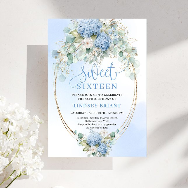 Chic Printable Blue Floral Gold Sweet 16 Birthday Invitation (Printable Blue Floral Gold Sweet 16 Birthday Invite)
